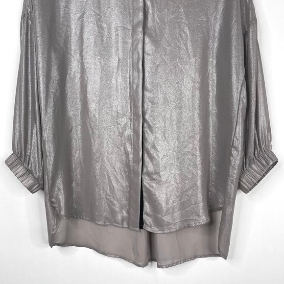 2/$30 ZARA High Low Metallic Button Down Shirt Gray Elastic Blouson Cuff #6212 - Picture 5 of 14